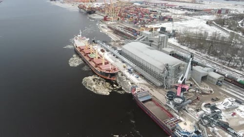 Cargo ship in winter port