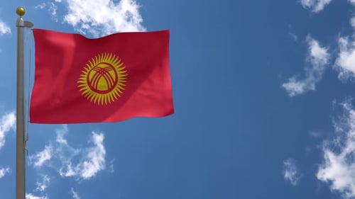Kyrgyzstan Flag Waving in Blue Sky with Clouds