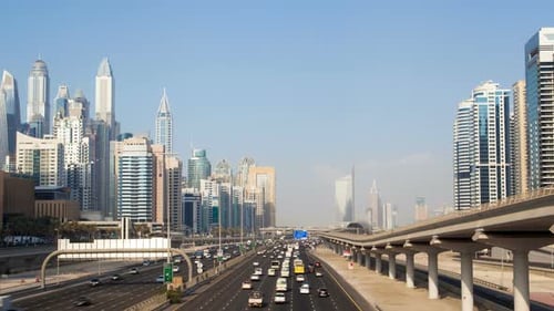 Dubai Marina Day Traffic Time Lapse. Pan Up