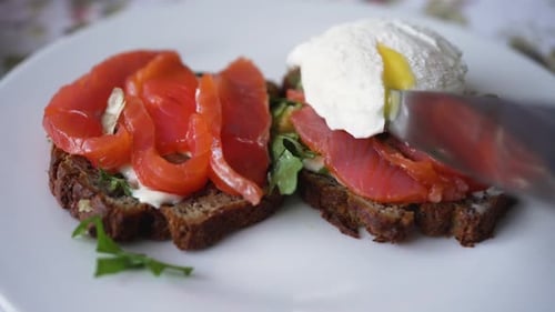 Breakfast Toast Topped with Salmon and Poached Egg