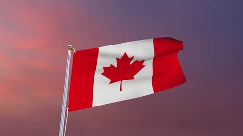Waving Canadian Flag Against Sunset Sky