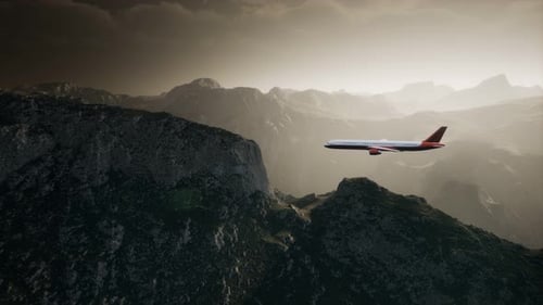 Passenger Aircraft Over Mountain Landscape