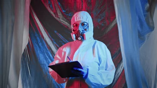 Hazmat Suited Person Writes on Clipboard