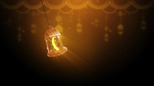 Golden Ramadan Eid Lantern Swinging with Sparkling Crescent Moon