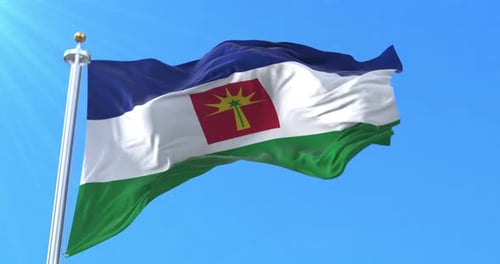 Realistic Flag Waving with Blue White Green Stripes and Emblem