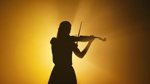 Silhouette of Woman Playing Violin in Orange Light