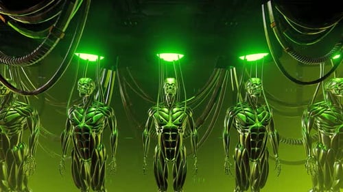 Futuristic Green Glowing Cyborgs in Sci-Fi Lab