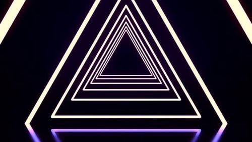 Magnifique tunnel triangulaire abstrait avec des lignes lumineuses noires, blanches et violettes se rapprochant