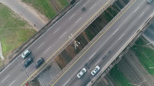 Highway Near Countryside, Road Junction View From Height, Traffic on the Road.