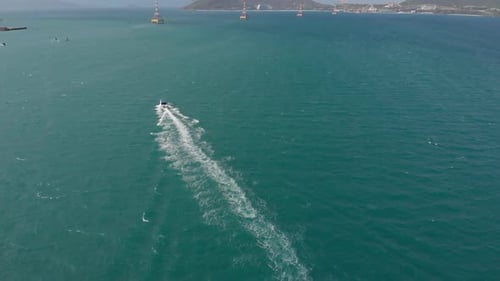 Aerial View Small Motor Boat Boat Travels Quickly By Sea, Passenger Boat Boat, Commercial Coastal