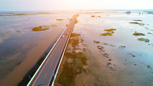 Drone video of the road leads through a large beautiful wetland.