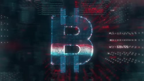 Futuristic Rotating Bitcoin Symbol with Digital Data Overlay
