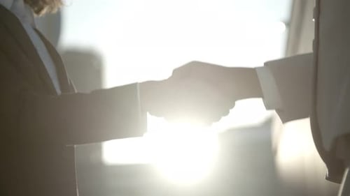 Two Business People shaking Hands in City