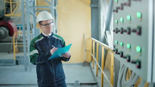 Engineer Signing a Document in Industrial Factory