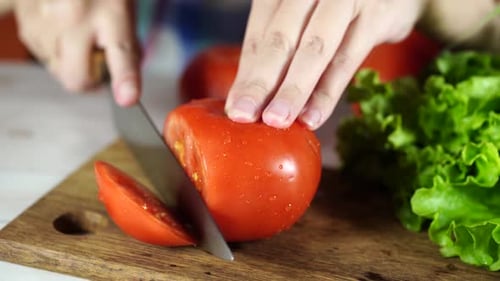 Tomato Slicing Close Up for Healthy Food Content