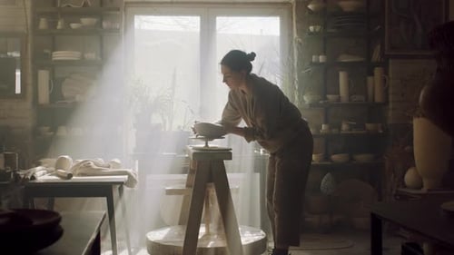Woman Shaping Clay on Pottery Wheel in Art Studio