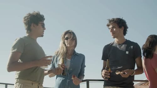 Happy Caucasian Men and Woman Talking During Rooftop Party