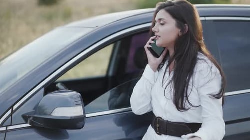 The Woman Making Call for Help for Broken Car Out of City