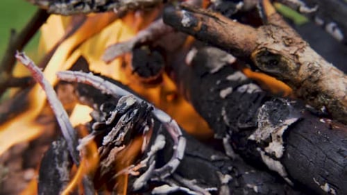 Burning Wooden Beams, Close up Shot of Bonfire Outdoors