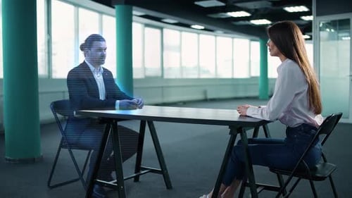 Woman in Meeting with Hologram in Urban Office