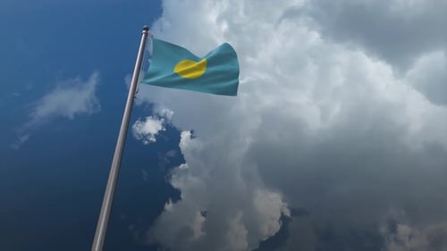 Palau Flag Waving in Realistic Sky with Moving Clouds