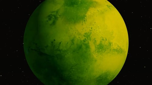Abstract Green and Yellow Planet Rotating in Starry Space Loop