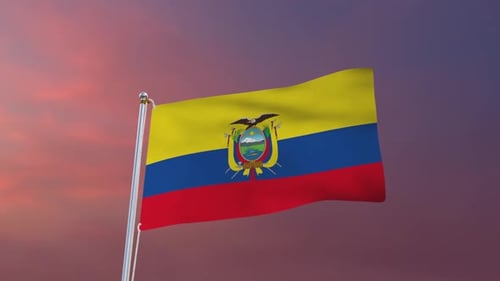 Realistic Waving Flag of Ecuador Against Sunset Sky