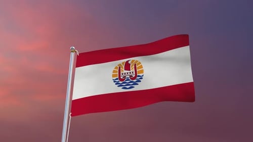 French Polynesia Flag Waving Against Beautiful Sunset Sky