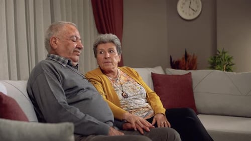 Senior Couple Holding Hands on Couch at Home