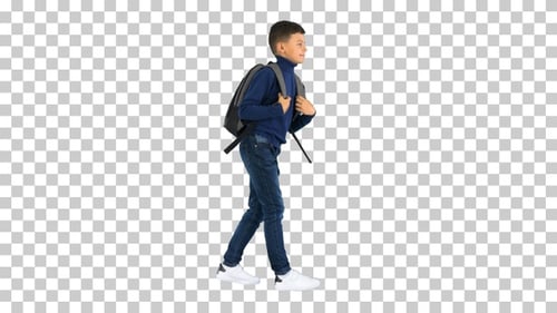 Cheerful boy in polo neck walking with a backpack, Alpha Channel