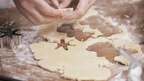 Cookie Cutters Shaping Holiday Dough on Wooden Surface