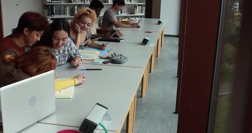 Group of young students learing together inside school library