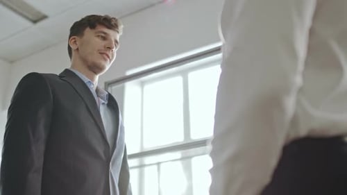 Geschäftsmann diskutiert Arbeit und schüttelt sich die Hand