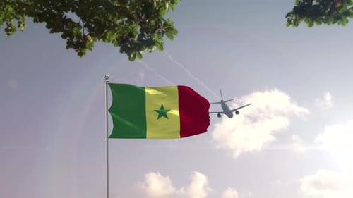 Senegal Flag Waving with Airplane Flying Over City