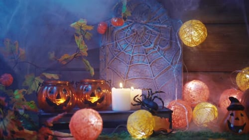 Spooky Halloween Still Life with Pumpkins and Spiderwebs