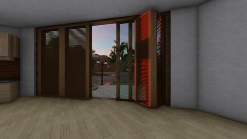 Surreal Room Interior with Opening Windows Revealing Red Sky and Moon