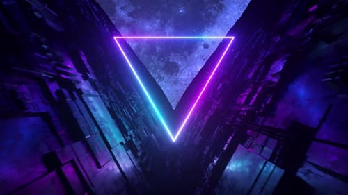 Sci-fi Tunnel with Neon Triangles. An Endless Flight Forward To the Moon. Modern Neon Lighting