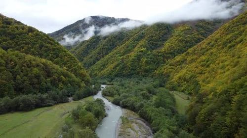 Misty Autumn Mountain Aerial View