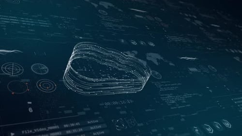 Blue particles cloud computing logo with head up display background and futuristic technology