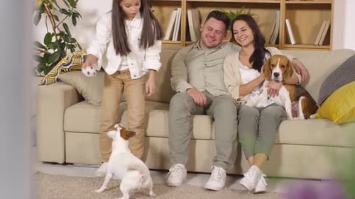 Family Relaxing on Couch with Pets