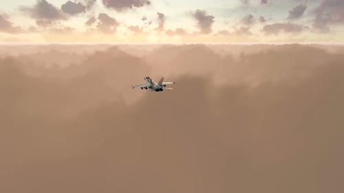 Fighter Jet Soaring Through Golden Sunset Clouds