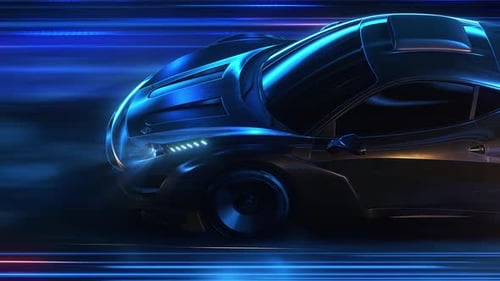Ein dunkler Sportwagen fährt schnell auf der Autobahn mit Lichtern, Spuren und Reflektoren. 3D-Animationsaufnahme