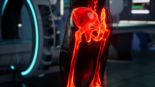 Futuristic Glowing Human Skeleton Scan in Medical Research Lab