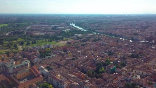 Panoramic Aerial Drone View of Medieval City of Love Verona, Pietra Bridge and Adige River