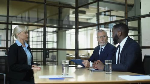 Female Job Candidate Answering Employer Questions Director Hiring Office Manager