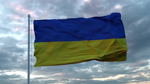 Realistic Ukraine Flag Waving in Wind Against Cloudy Sky