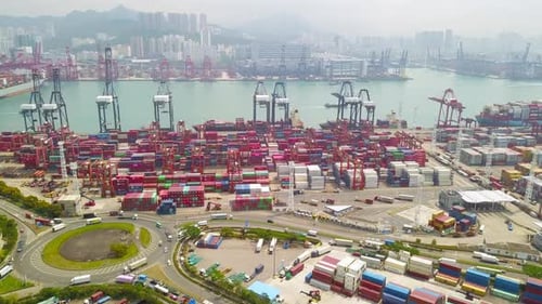 Aerial top view of container cargo ship in the export and import business and logistics
