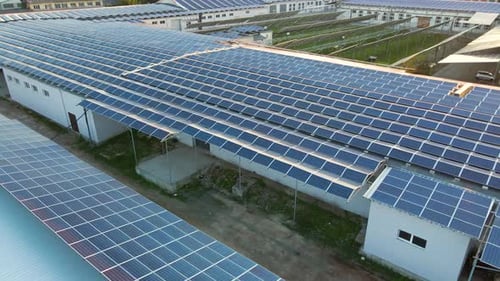Aerial View of Solar Power Plant with Blue Photovoltaic Panels Mounted on Industrial Building Roof