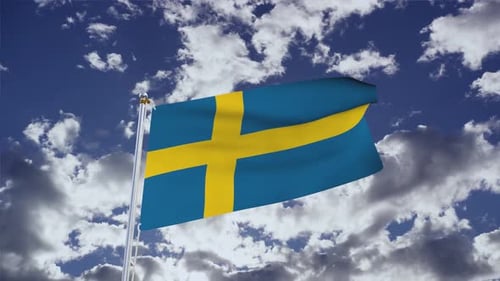 Waving Swedish Flag Animation on Blue Sky with Moving Clouds