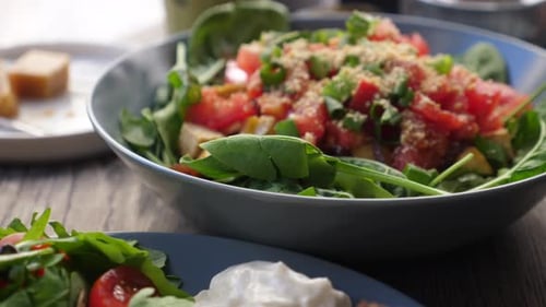 Close Up of Healthy Organic Vegan Breakfast of Full English and Salad. Balanced Vegan Diet